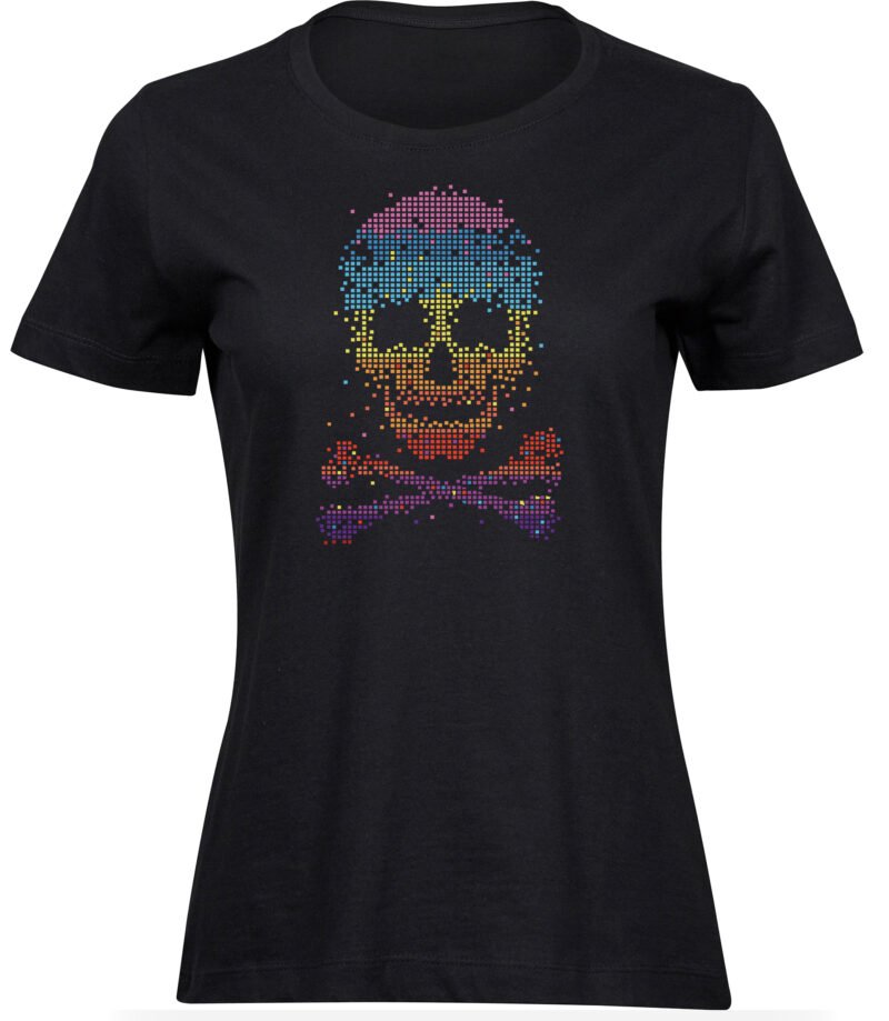 Pixel Regenbogen totenkopf T-Shirt für frauen damen mit gekreuzten Knochen und Piratenschädel-Aufdruck