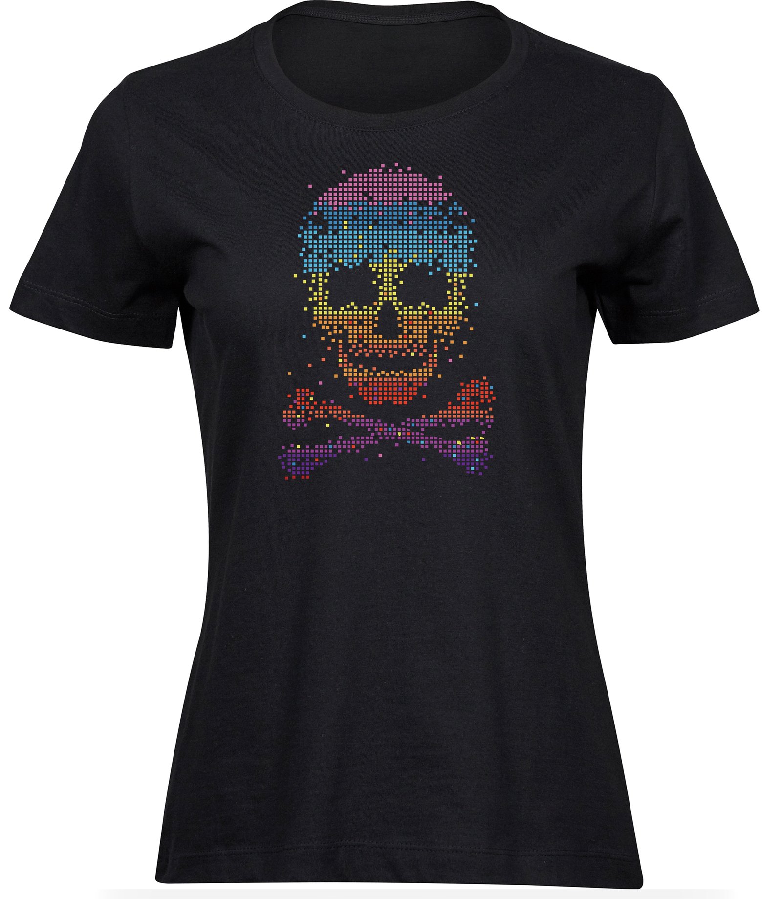 Pixel Regenbogen totenkopf T-Shirt für frauen damen mit gekreuzten Knochen und Piratenschädel-Aufdruck T-Shirts für FRAUEN PIXEL SCHÄDEL