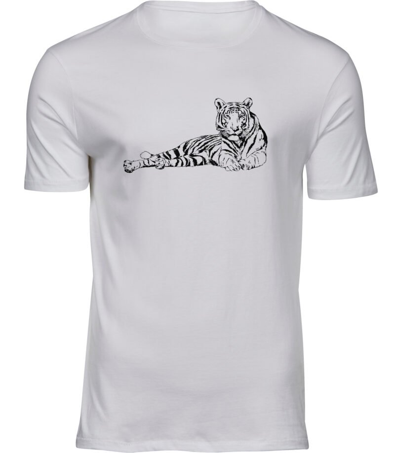 Liegendes Tiger-T-Shirt für Männer Herren, entspannendes weißes Tiger-T-Shirt, Tiger-Streifen-Print-T-Shirt