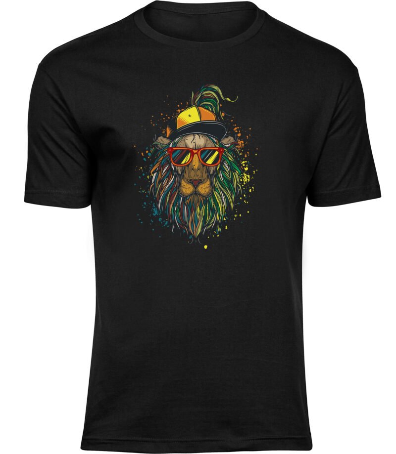 Buntes Löwenmähnen-T-Shirt für Männer Herren, T-Shirt mit Löwenhut und Brille, Rasta-Hipster-Löwen-T-Shirt