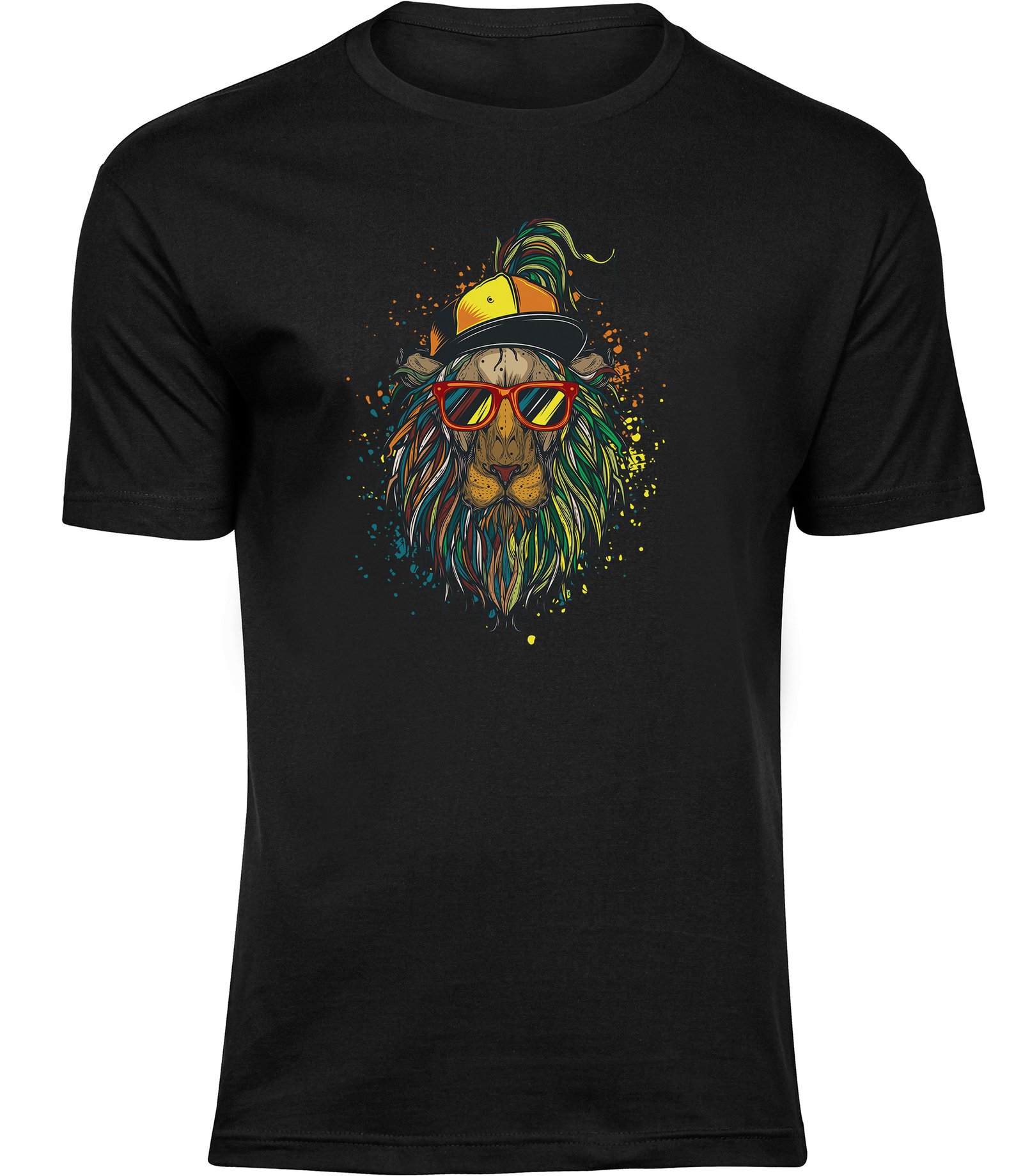Buntes Löwenmähnen-T-Shirt für Männer Herren, T-Shirt mit Löwenhut und Brille, Rasta-Hipster-Löwen-T-Shirt T-Shirts für HERREN LÖWEN KAPPE