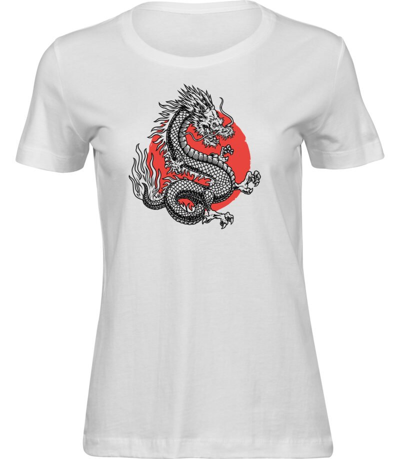 Rotes Sonnendrachen T-Shirt für frauen damen, japanisches Drachen Illustrationsgrafik T-Shirt