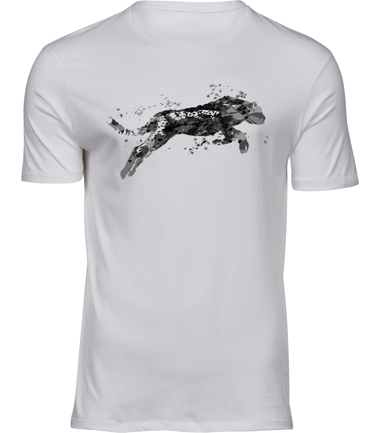 Springendes Puma-T-Shirt für Männer Herren, abstraktes T-Shirt mit Farbspritzer-Effektdruck einer Wildkatzen-Silhouette Herren Weiss Tshirt PUMA SPRUNG