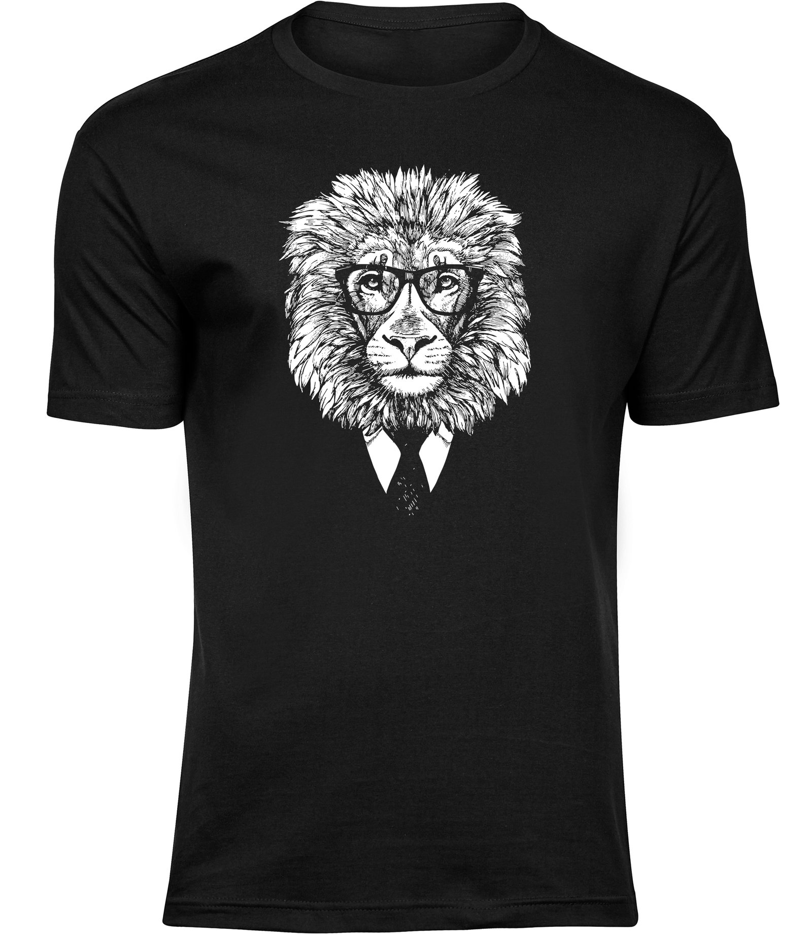Wallstreet Büro-Löwen-T-Shirt für Männer Herren, Geschäftsmann-Löwen-T-Shirt mit Krawatte und Brille Herren Schwarz Tshirt LÖWE KRAWATTE