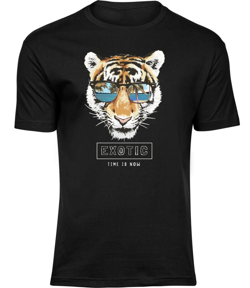 Exotisches Tigerbrillen-T-Shirt für Männer Herren, T-Shirt mit Palmen- und Tierdruck, Tigerkopf-T-Shirt