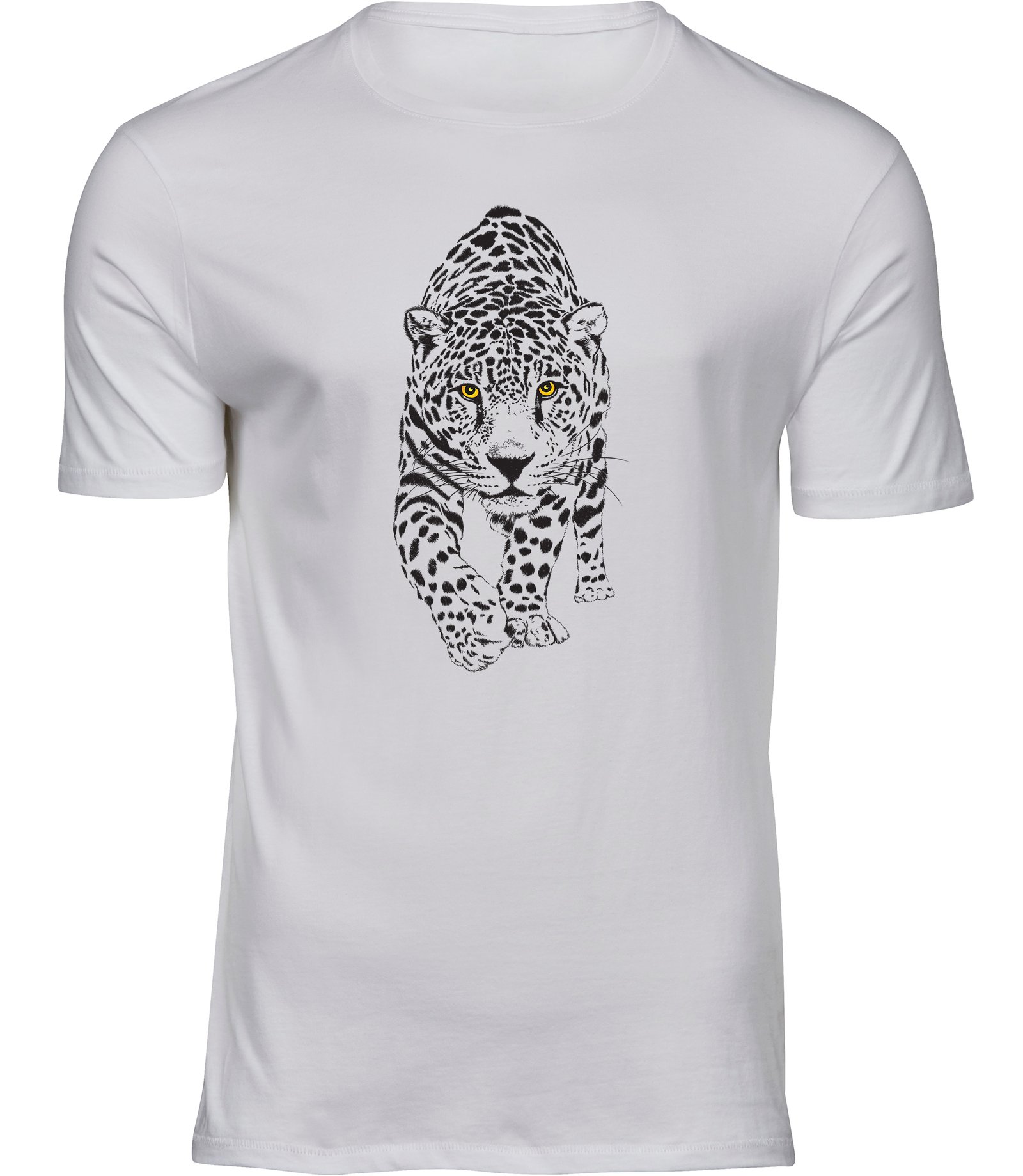 Jagd-Leoparden-T-Shirt für Männer Herren, Herumstreifen T-Shirt mit großer Katze wild gefleckten Tieren und gelben Augen HERREN Weiss Tshirt SCHLEICHENDER GEPARD