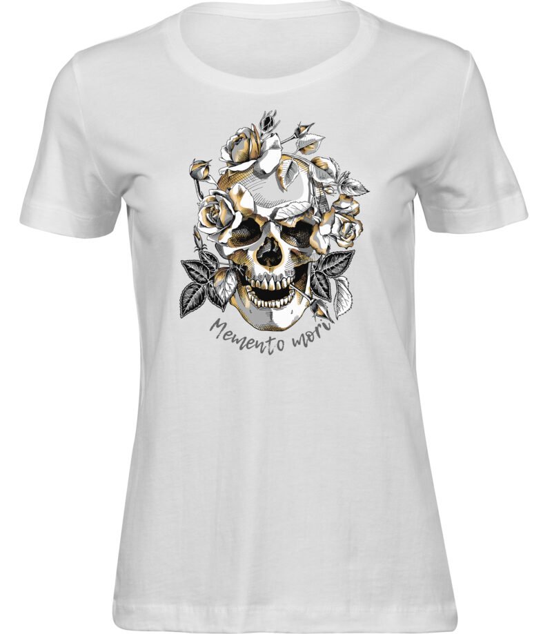 Momento Mori Totenkopf T-Shirt für Frauen Damen, menschliches Schädel mit Rosenblättern verziert