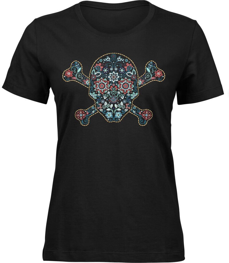 Piraten Ornament T-Shirt für rauen damen, Tee mit Blumenstickerei Druck, Gekreuzte Knochen
