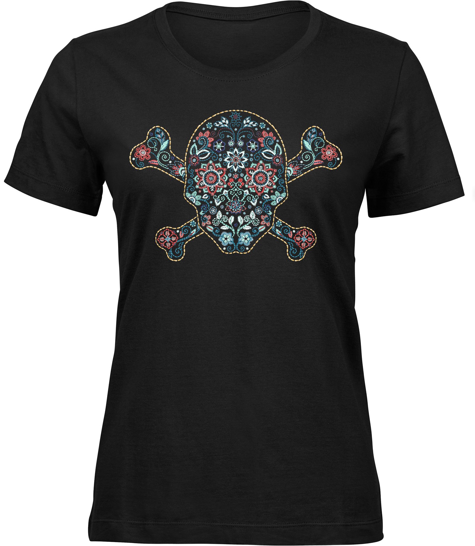Piraten Ornament T-Shirt für rauen damen, Tee mit Blumenstickerei Druck, Gekreuzte Knochen Frauen Schwarz Tshirt BESTICKTER SCHÄDEL
