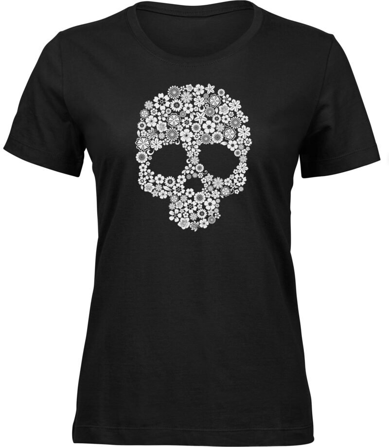 Blumen blüten Totenkopf T-Shirt für Frauen damen, abstrakt verziertes Schädel Tee shirt