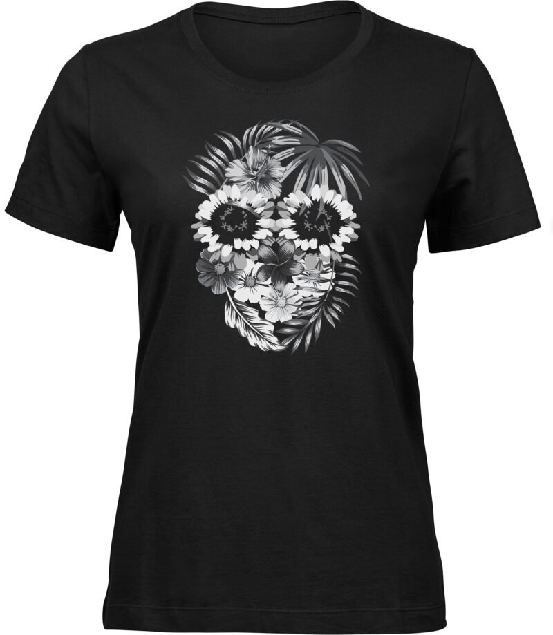 Palmblatt Totenkopf T-Shirt für frauen damen, Tee mit Blumenkompositions Gesicht