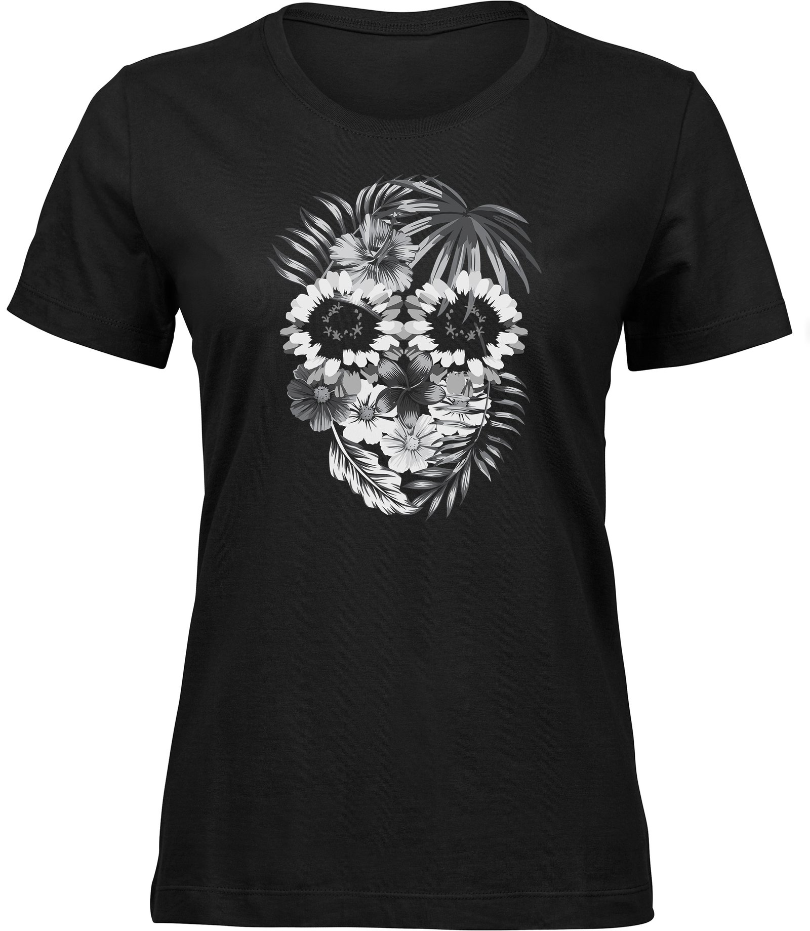 Palmblatt Totenkopf T-Shirt für frauen damen, Tee mit Blumenkompositions Gesicht Frauen Schwarz Tshirt BLATTMOTIV SCHÄDEL