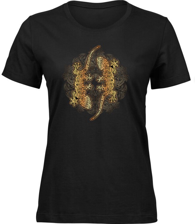 Frauen Schwarz T-shirt EIDECHSENMUSTER