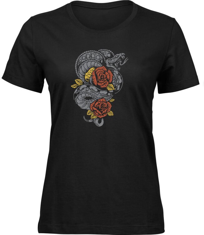Frauen Schwarz T-shirt SCHLANGENROSEN