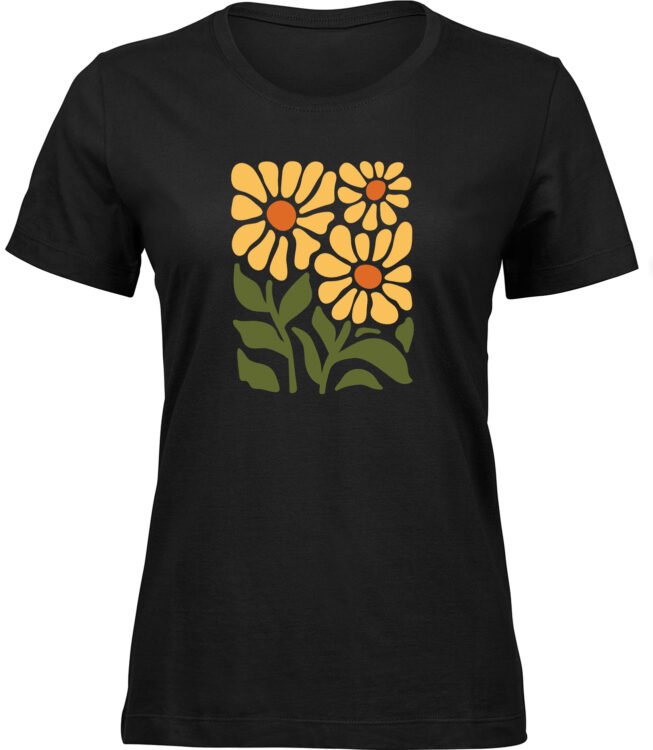 Frauen Schwarz T-shirt SONNIGE BLUMEN