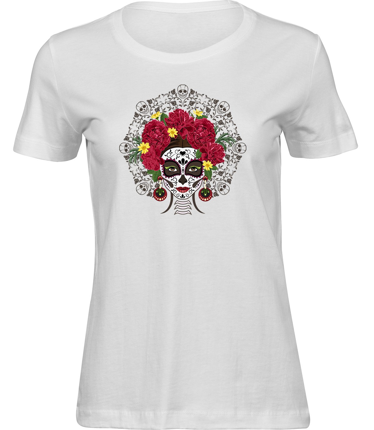 Tag der Toten Frauen Damen T-Shirt, Dia de Los Muertos Zuckerschädel mexikanisches La Catrina Frauen Weiss Tshirt MUERTOS MÄDCHEN