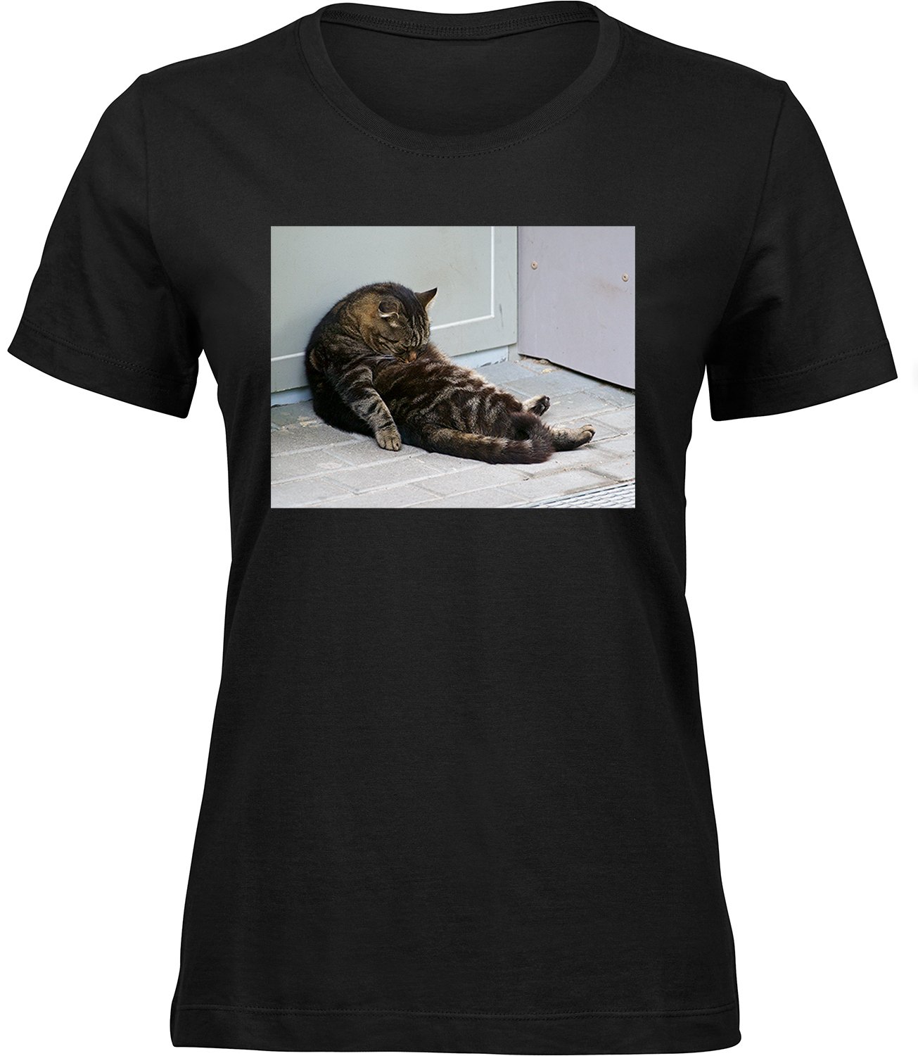 T-210-1 wb Frauen Schwarz Tshirt SCHLAFENDE KATZE
